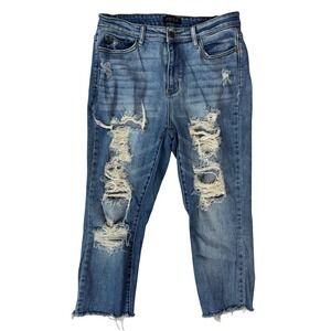 Judy Blue Distressed Boyfriend Fit Jeans Medium Wash Raw Hem 11/30 JB82170LT